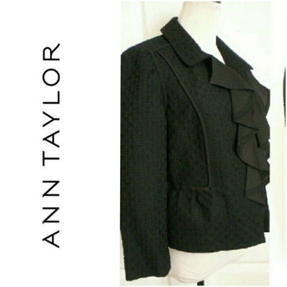 LOFT BLACK TWEED BLAZER RUFFLE COLLAR 3/4 SLEEVE WOMENS SZ 6
